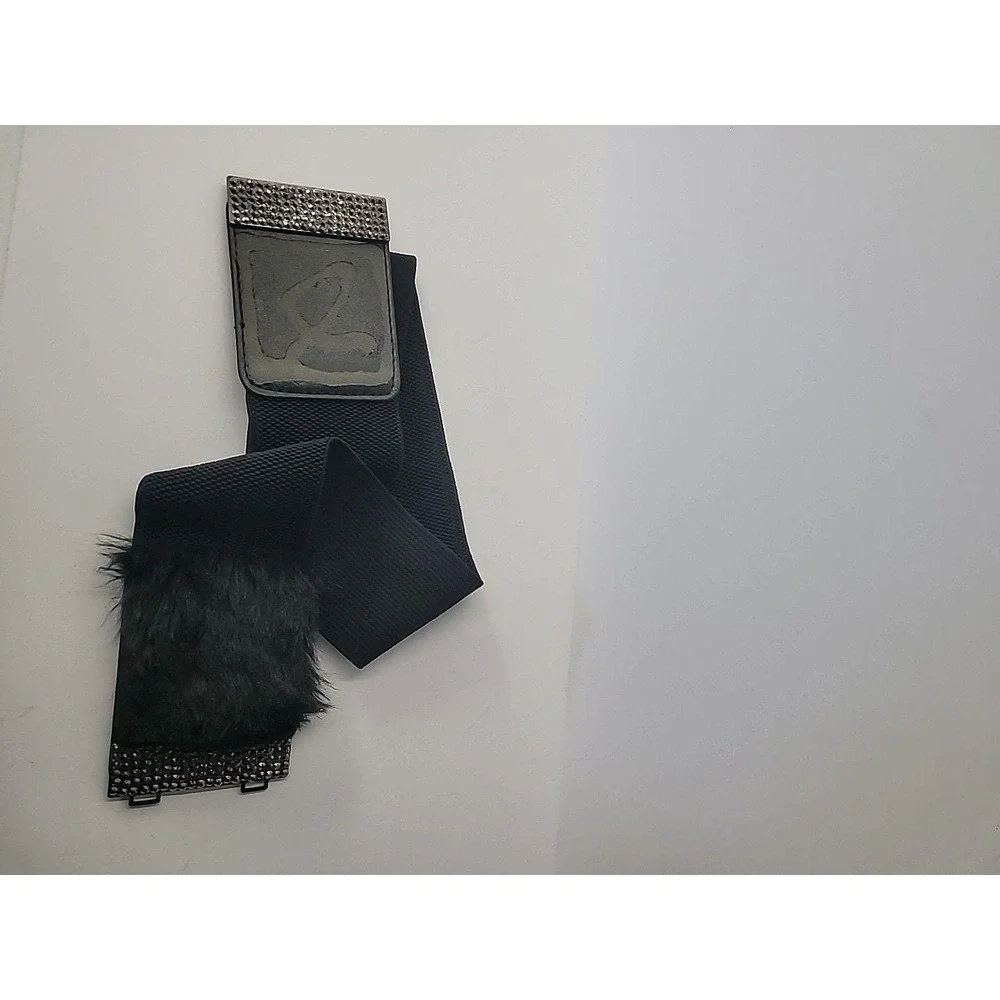 Vintage Black Faux Fur Rhinestones Stretch Belt Medium Large‎ Glam Statement